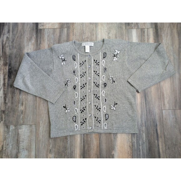 Vintage Dress Barn Embroidered Cardigan Women's Large Gray Floral Geometric - Picture 1 of 6